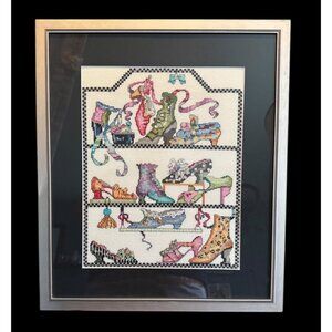 Framed Cross-Stitch Artwork Shoes Design Handmade Bucilla Silver in color frame
